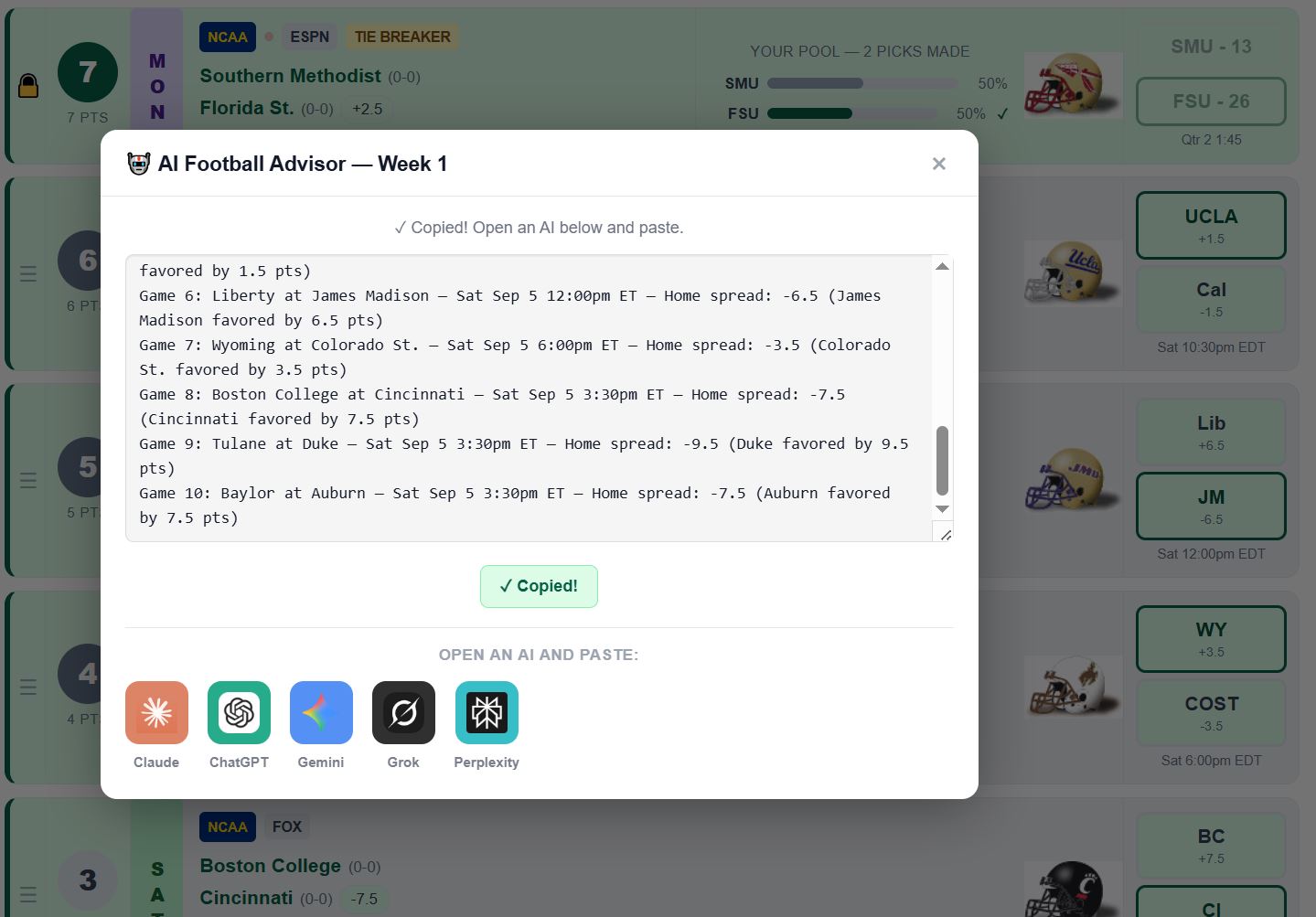 Ask AI matchup insights panel for an upcoming game